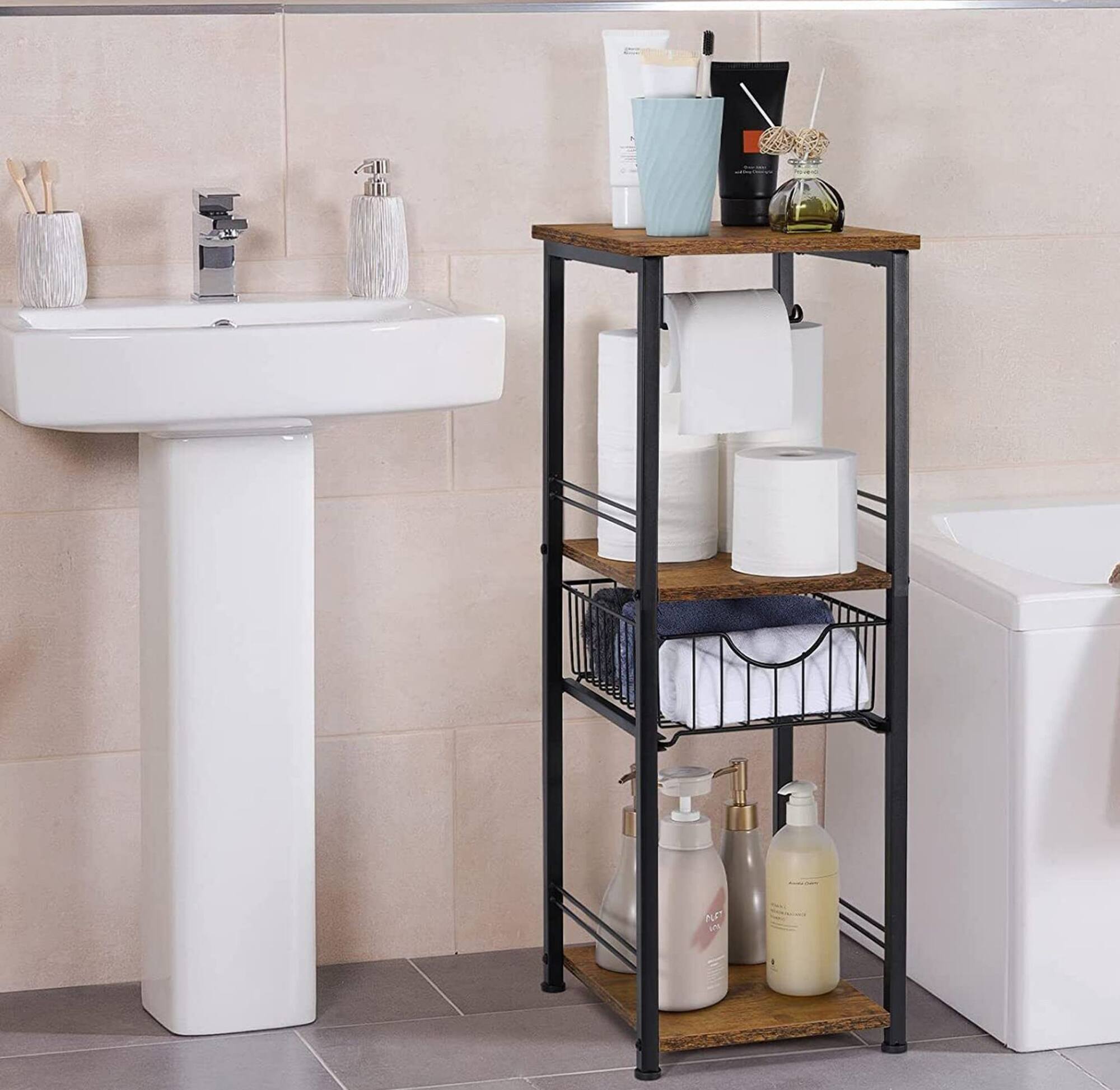 NEX™ 28" Freestanding 3-Tier Storage Shelf with Basket Drawer & Toilet Paper Holder